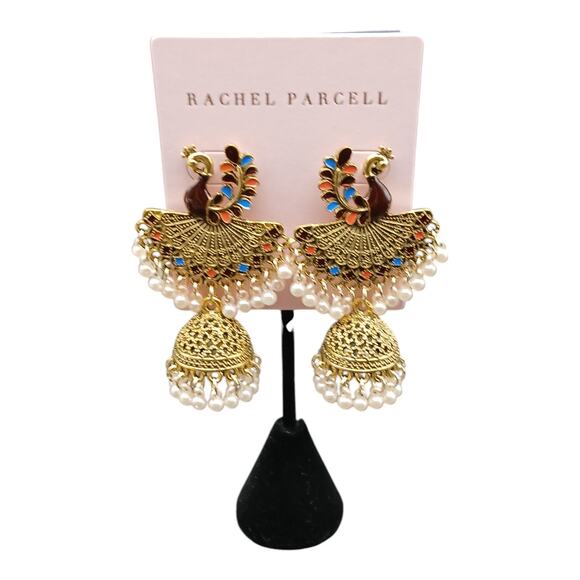 Rachel Parcell Peacock Filigree Jhumka Earrings Gold Tone, Enamel & Pearl Drops - Picture 4 of 8